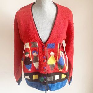 Vintage funky retro 90s red graphic sweater cardigan